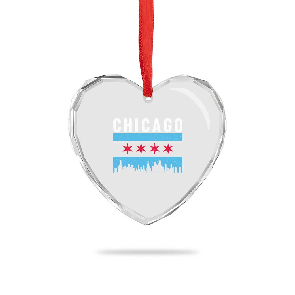 Vintage Chicago City Skyline Flag Heart Crystal Glass Ornament
