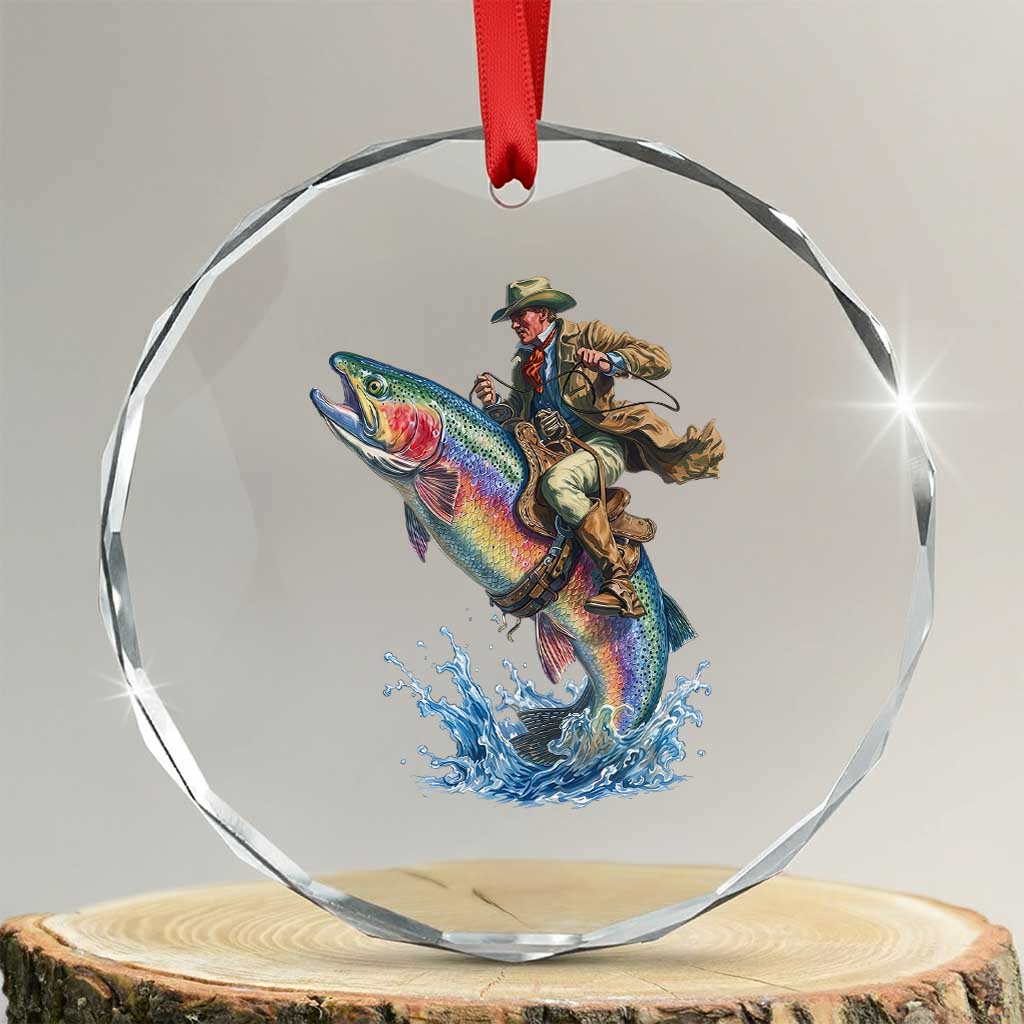 Vintage Cowboy Riding Rainbow Trout Crystal Glass Ornament Funny Fishing Western Rodeo