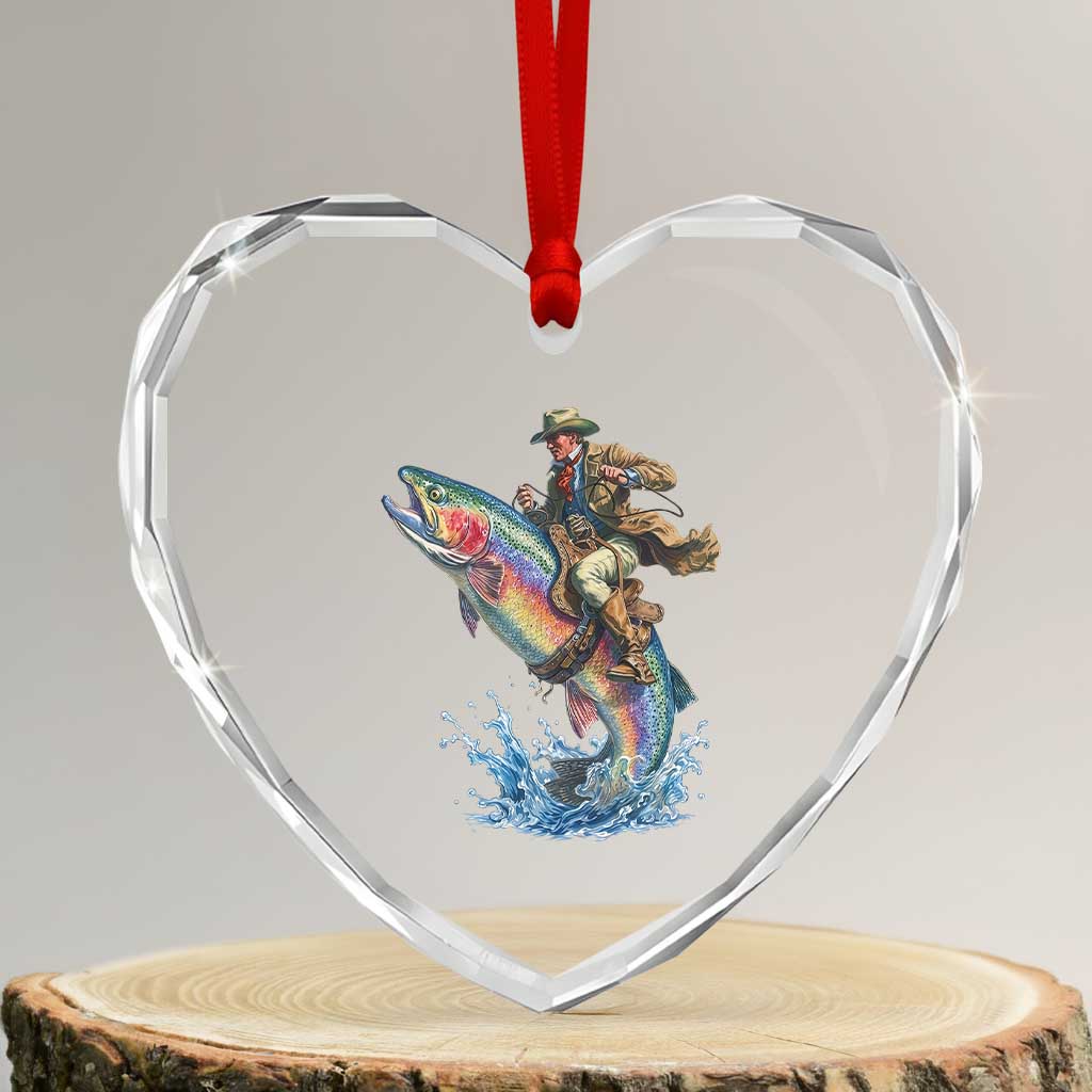 Vintage Cowboy Riding Rainbow Trout Heart Crystal Glass Ornament Funny Fishing Western Rodeo