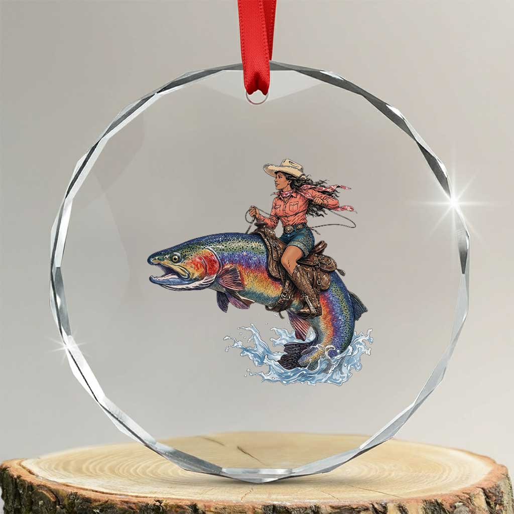 Vintage Cowgirl Riding Rainbow Trout Crystal Glass Ornament Funny Fishing Western Rodeo