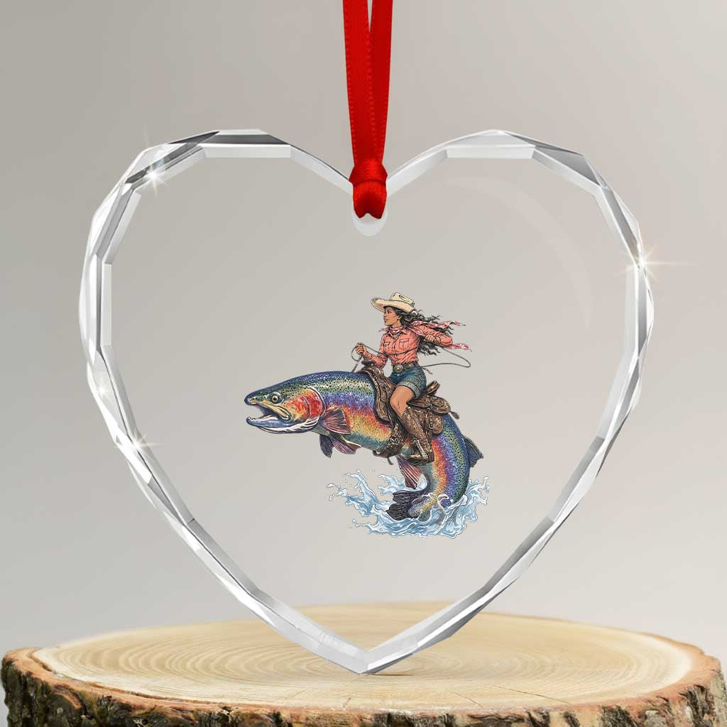 Vintage Cowgirl Riding Rainbow Trout Heart Crystal Glass Ornament Funny Fishing Western Rodeo