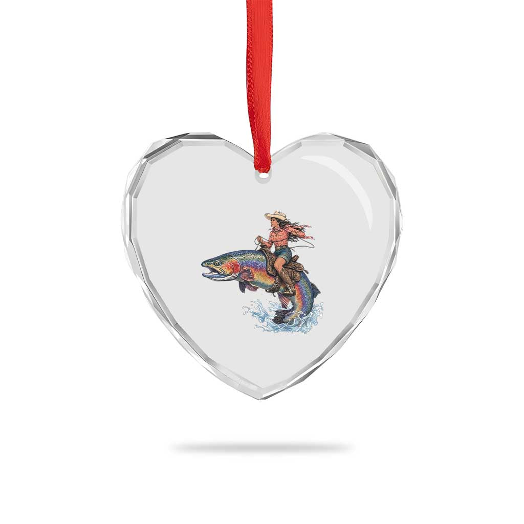 Vintage Cowgirl Riding Rainbow Trout Heart Crystal Glass Ornament Funny Fishing Western Rodeo