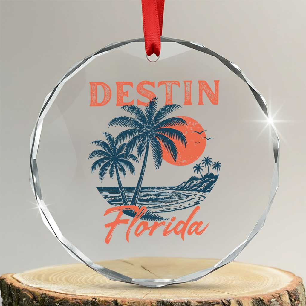 Vintage Destin Florida Beach Crystal Glass Ornament Sunset Palm Tree Graphic