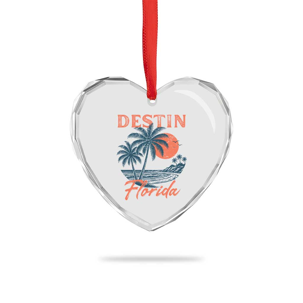Vintage Destin Florida Beach Heart Crystal Glass Ornament Sunset Palm Tree Graphic