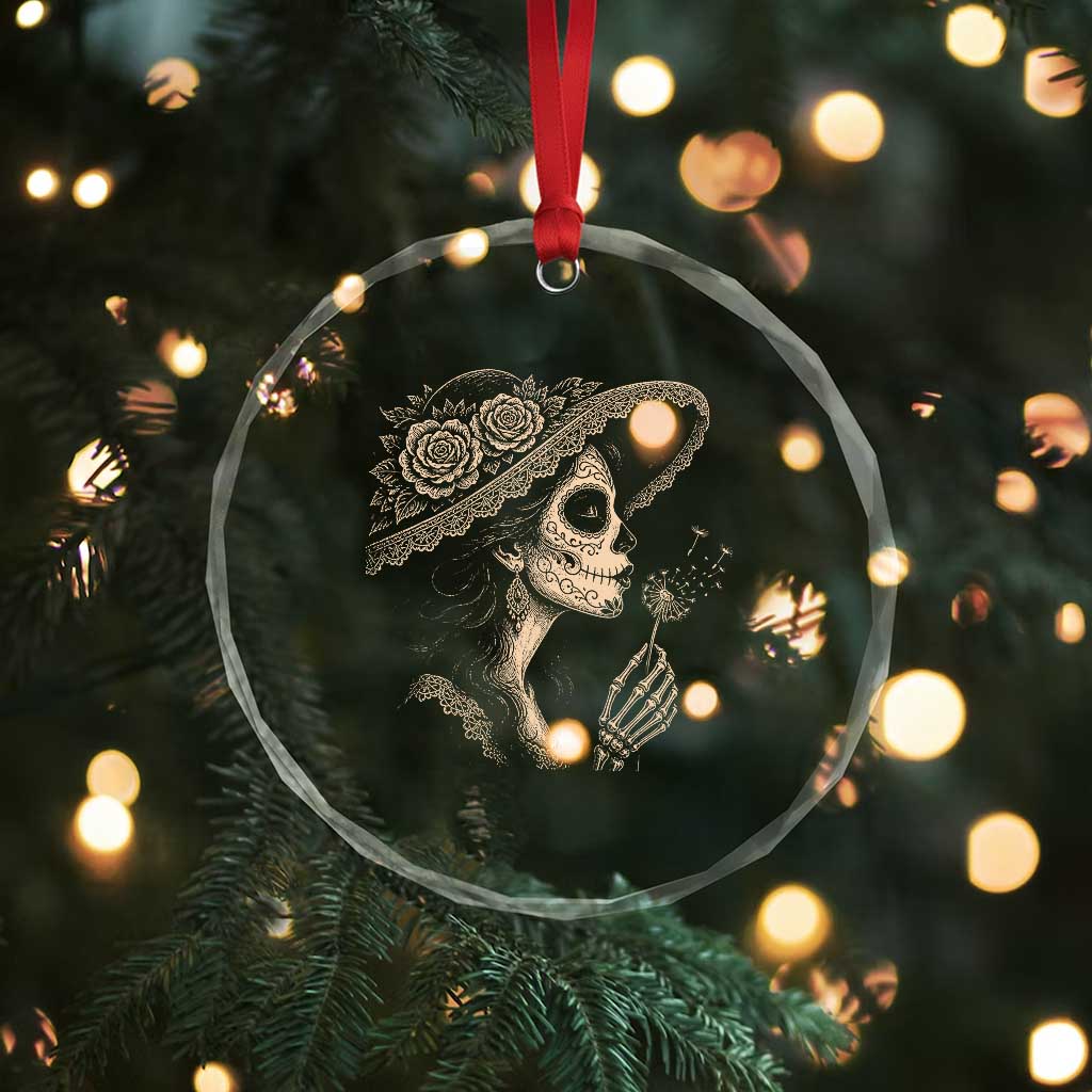 Vintage Dia de los Muertos Catrina Portrait Graphic Crystal Glass Ornament Gothic Sugar Skull Woman Blowing Dandelion