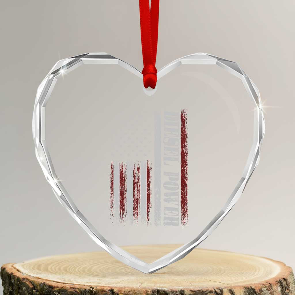 Vintage Distressed Mechanic Trucker Graphic Heart Crystal Glass Ornament Diesel Power USA Flag