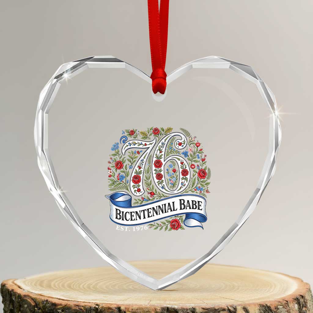 Vintage Floral Bicentennial Babe Est 1976 Heart Crystal Glass Ornament Elegant 50th Birthday
