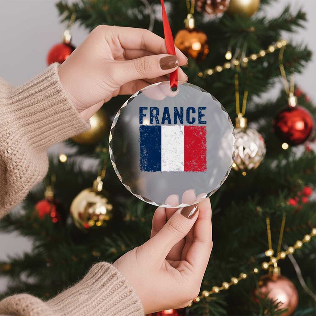 Vintage France Flag Distressed French Pride Patriotic Soccer Fan Graphic Crystal Glass Ornament