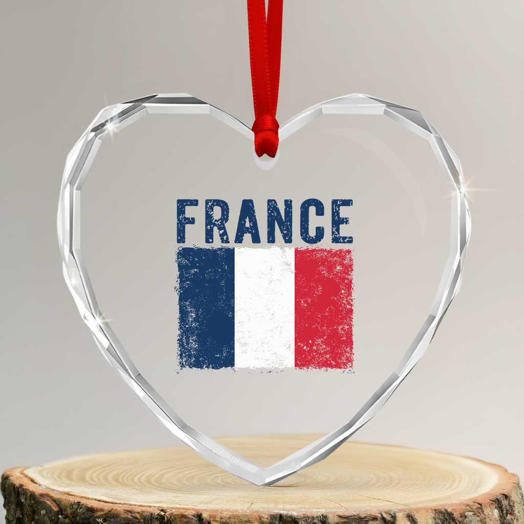 Vintage France Flag Distressed French Pride Patriotic Soccer Fan Graphic Heart Crystal Glass Ornament