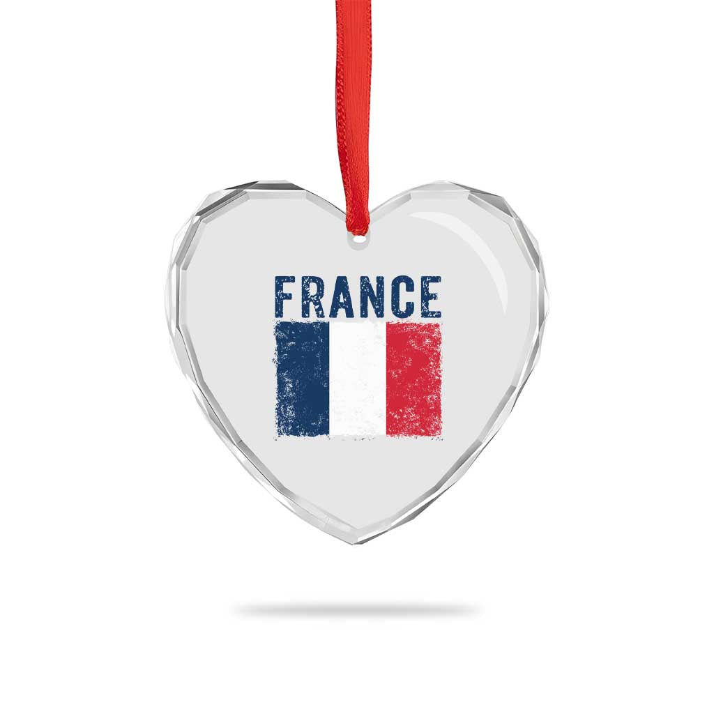 Vintage France Flag Distressed French Pride Patriotic Soccer Fan Graphic Heart Crystal Glass Ornament