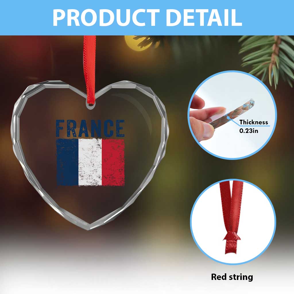 Vintage France Flag Distressed French Pride Patriotic Soccer Fan Graphic Heart Crystal Glass Ornament