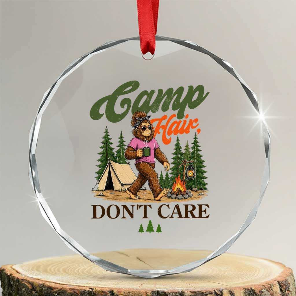 Vintage Funny Girly Bigfoot Camper Crystal Glass Ornament Camp Hair Don't Care Sasquatch Camping Outdoor Adventure