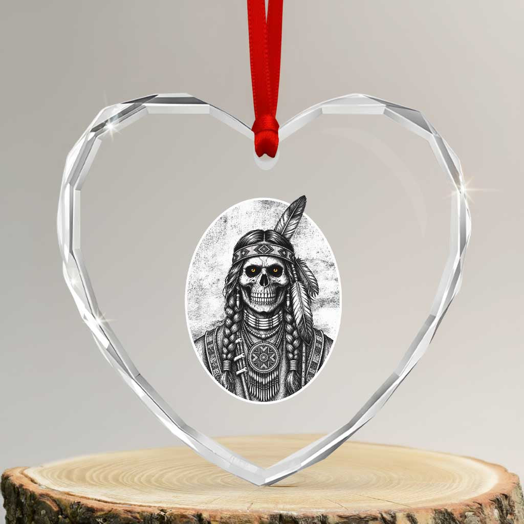 Vintage Gothic Skull Warrior Heart Crystal Glass Ornament Native American Feather Chief
