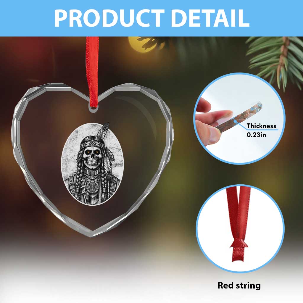 Vintage Gothic Skull Warrior Heart Crystal Glass Ornament Native American Feather Chief