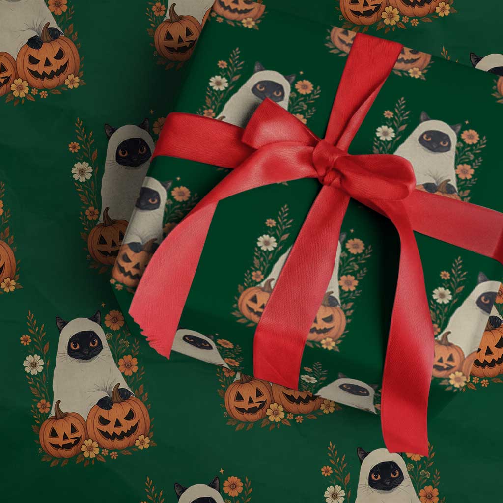 Vintage Halloween Ghost Cat Wrapping Paper Roll Groovy Floral Cute Black Cat Ghost Fall Pumpkin - Wonder Print Shop