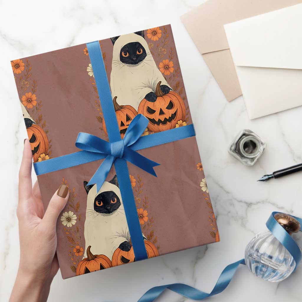Vintage Halloween Ghost Cat Wrapping Paper Roll Groovy Floral Cute Black Cat Ghost Fall Pumpkin - Wonder Print Shop