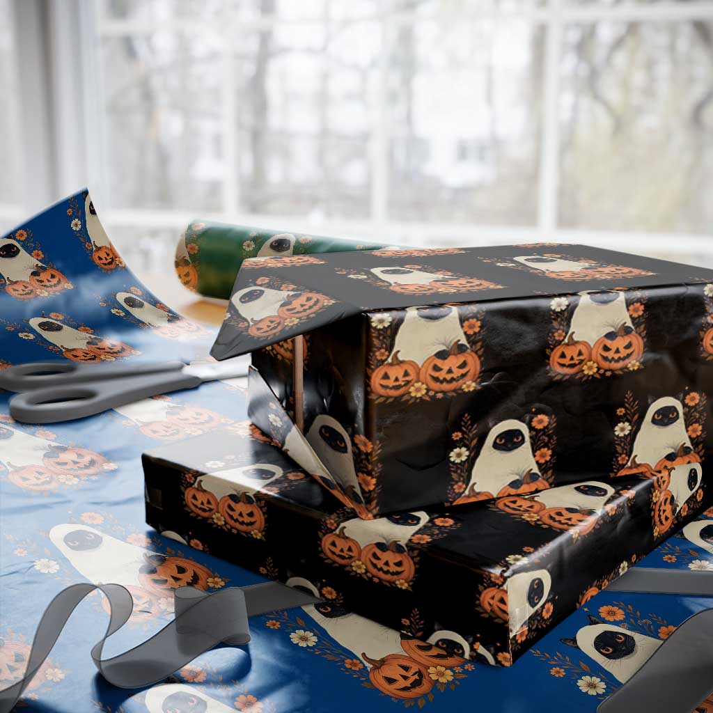 Vintage Halloween Ghost Cat Wrapping Paper Roll Groovy Floral Cute Black Cat Ghost Fall Pumpkin - Wonder Print Shop