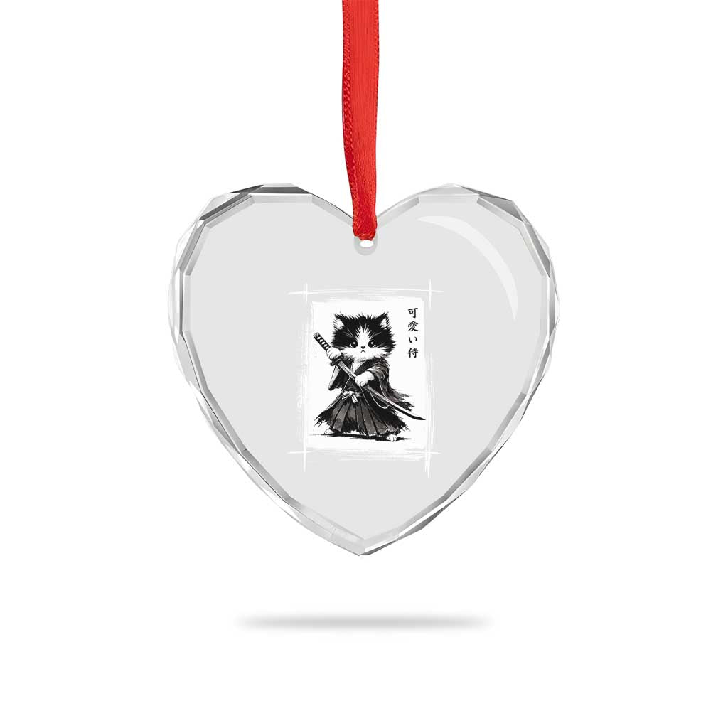 Vintage Japanese Art Samurai Cat Heart Crystal Glass Ornament Sumie Kawaii Cat Lover Gift