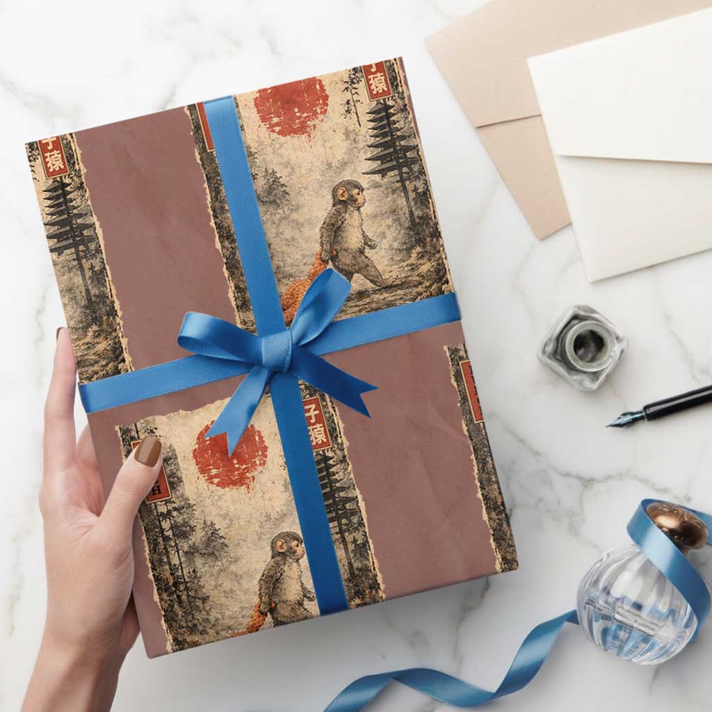 Vintage Japanese Baby Monkey Punch Wrapping Paper Roll Kawaii Macaque Ukiyo-e Art Funny