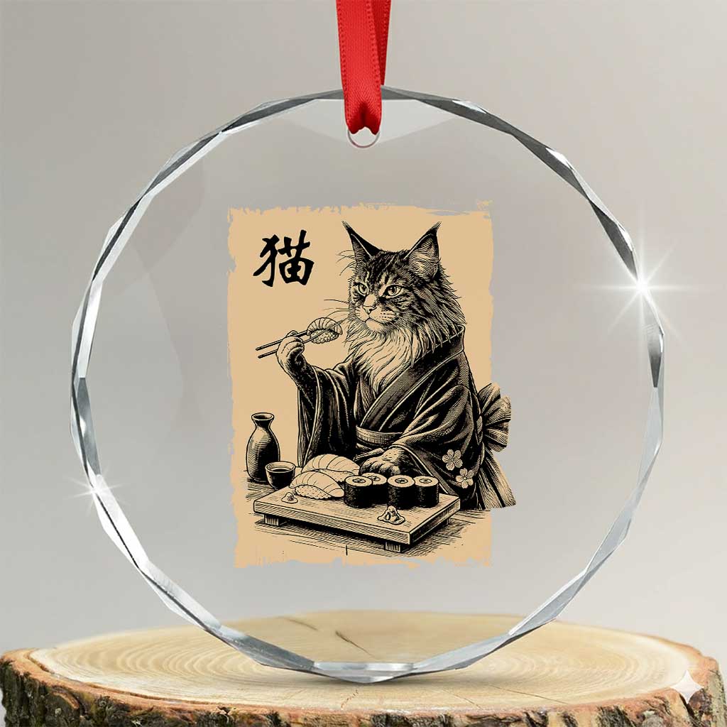 Vintage Japanese Cat Eating Sushi Crystal Glass Ornament Funny Maine Coon Kimono Gift