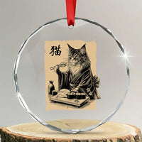 Vintage Japanese Cat Eating Sushi Crystal Glass Ornament Funny Maine Coon Kimono Gift