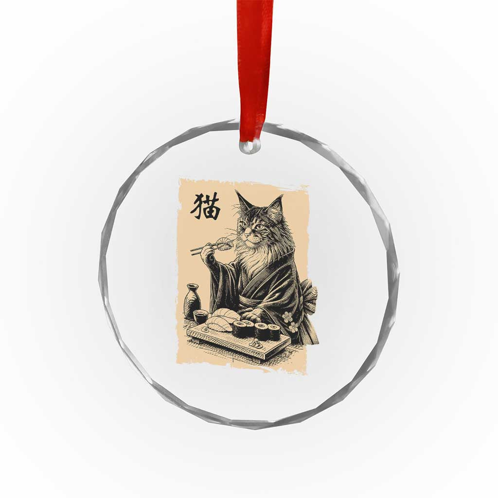 Vintage Japanese Cat Eating Sushi Crystal Glass Ornament Funny Maine Coon Kimono Gift
