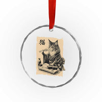 Vintage Japanese Cat Eating Sushi Crystal Glass Ornament Funny Maine Coon Kimono Gift