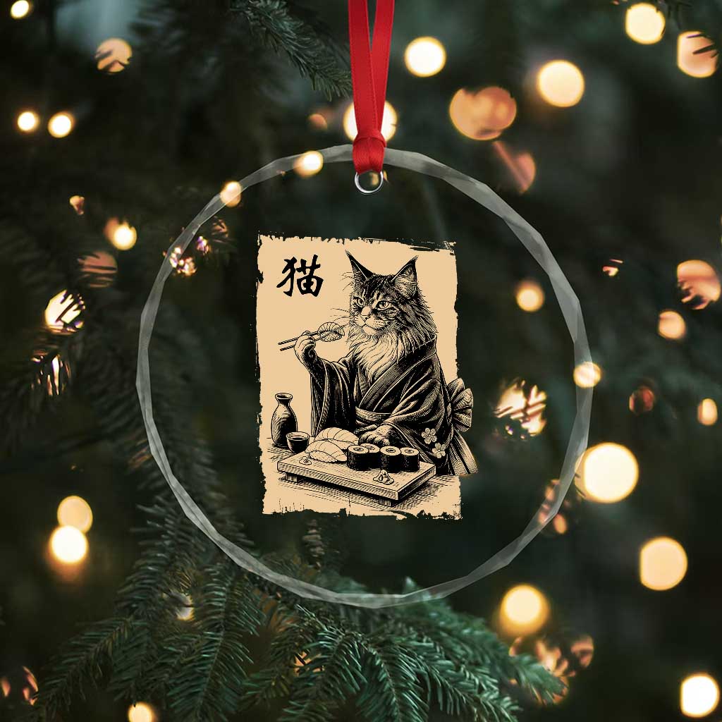 Vintage Japanese Cat Eating Sushi Crystal Glass Ornament Funny Maine Coon Kimono Gift