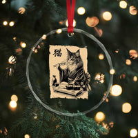 Vintage Japanese Cat Eating Sushi Crystal Glass Ornament Funny Maine Coon Kimono Gift