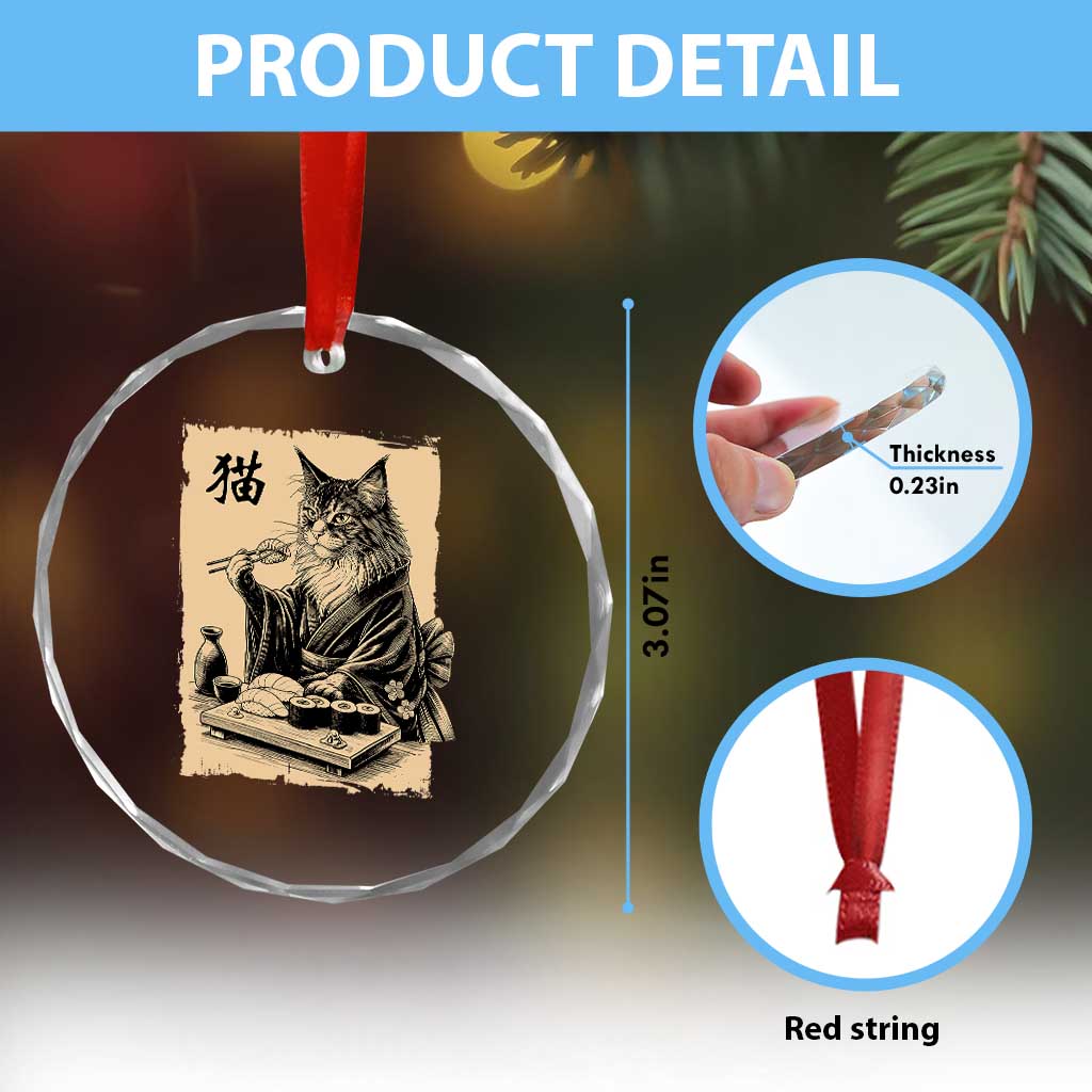Vintage Japanese Cat Eating Sushi Crystal Glass Ornament Funny Maine Coon Kimono Gift