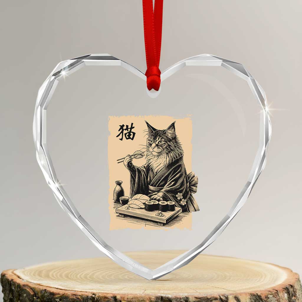 Vintage Japanese Cat Eating Sushi Heart Crystal Glass Ornament Funny Maine Coon Kimono Gift