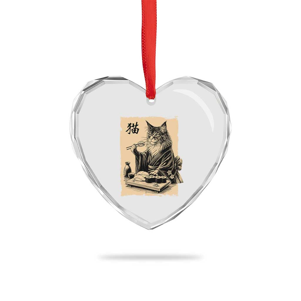 Vintage Japanese Cat Eating Sushi Heart Crystal Glass Ornament Funny Maine Coon Kimono Gift