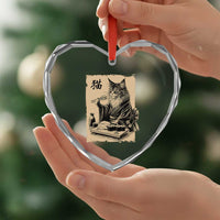Vintage Japanese Cat Eating Sushi Heart Crystal Glass Ornament Funny Maine Coon Kimono Gift