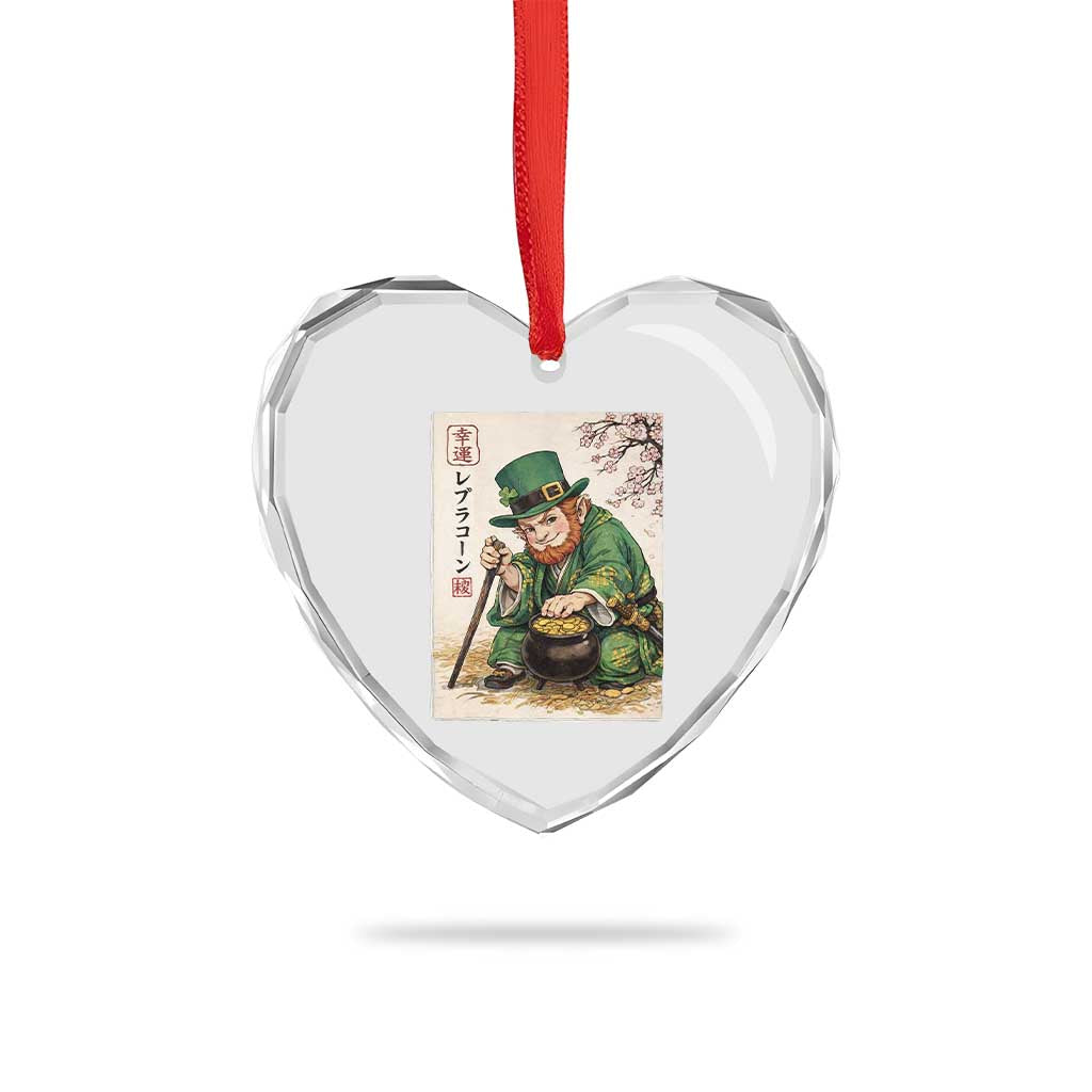 Vintage Japanese Leprechaun St Patricks Day Shamrock Ukiyo e Art Heart Crystal Glass Ornament