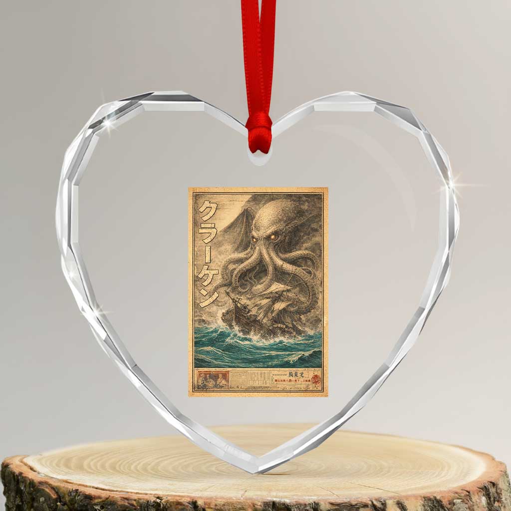 Vintage Japanese Sea Monster Heart Crystal Glass Ornament Retro Mythology Newspaper Ukiyo-e Art