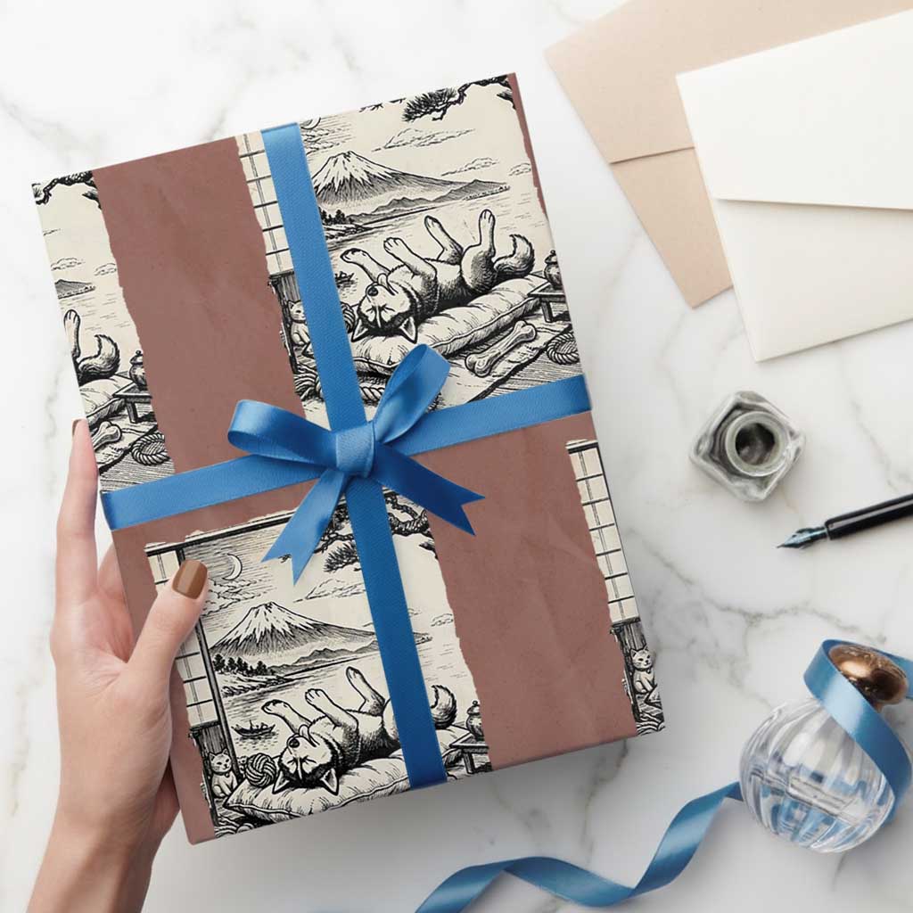 Vintage Japanese Ukiyoe Siberian Husky Wrapping Paper Roll Cute Sleeping Animal Gift