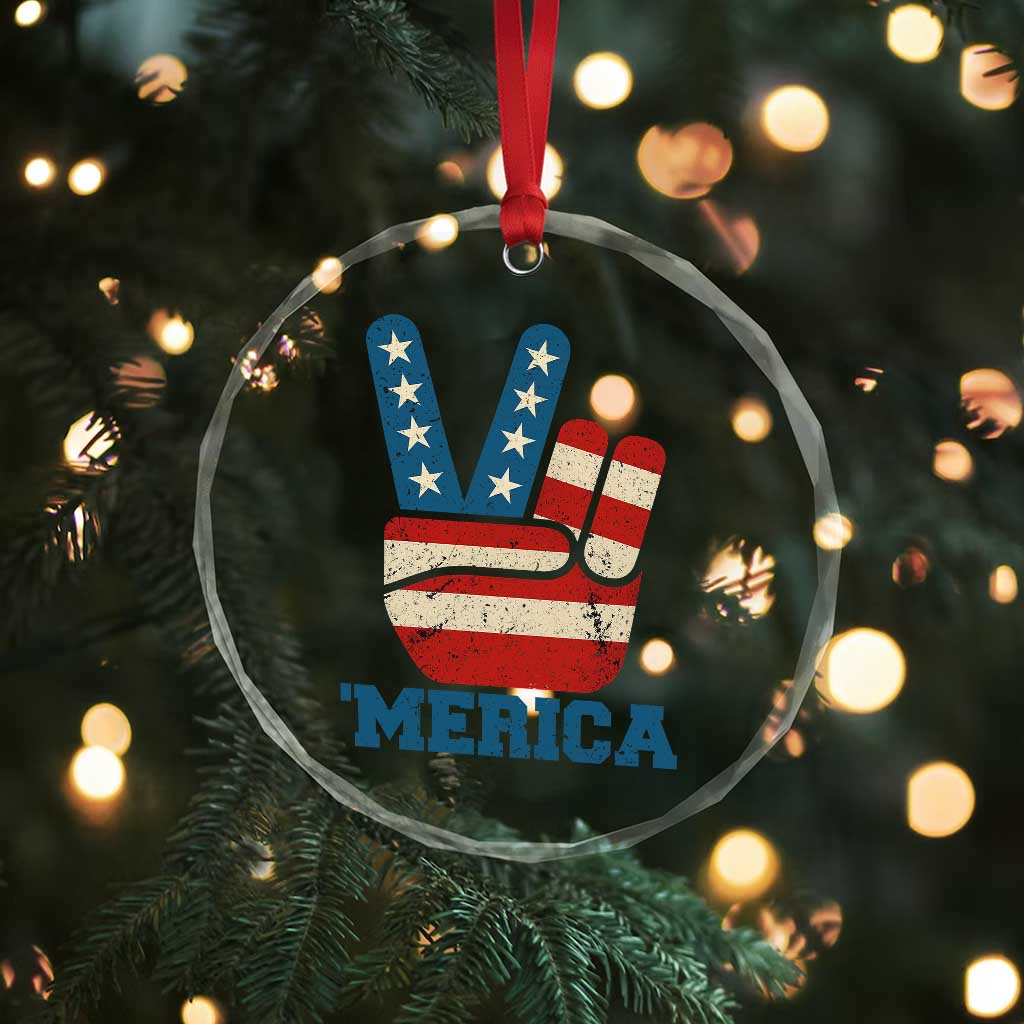 Vintage ‘Merica Peace Sign Crystal Glass Ornament Retro Patriotic 4th of July USA Flag - Wonder Print Shop