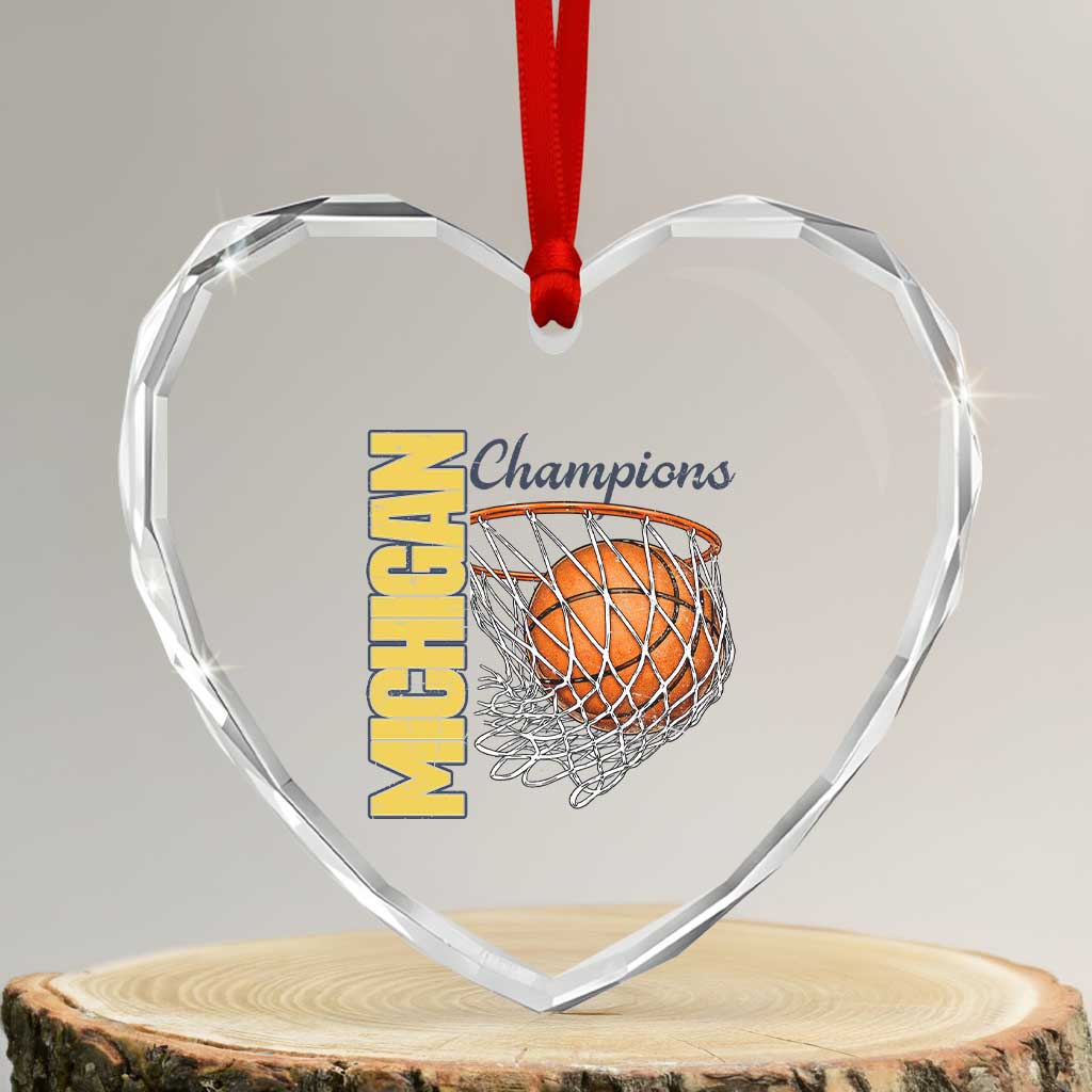 Vintage Michigan Hoops Pride Heart Crystal Glass Ornament Retro Blue And Gold Champions Victory Graphic Sports Fan