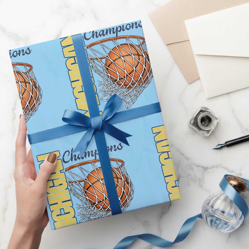Vintage Michigan Hoops Pride Wrapping Paper Roll Retro Blue And Gold Champions Victory Graphic Sports Fan