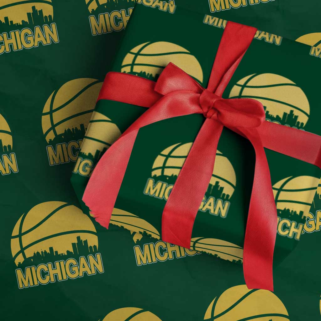 Vintage Michigan Skyline Wrapping Paper Roll Basketball Lover Gift