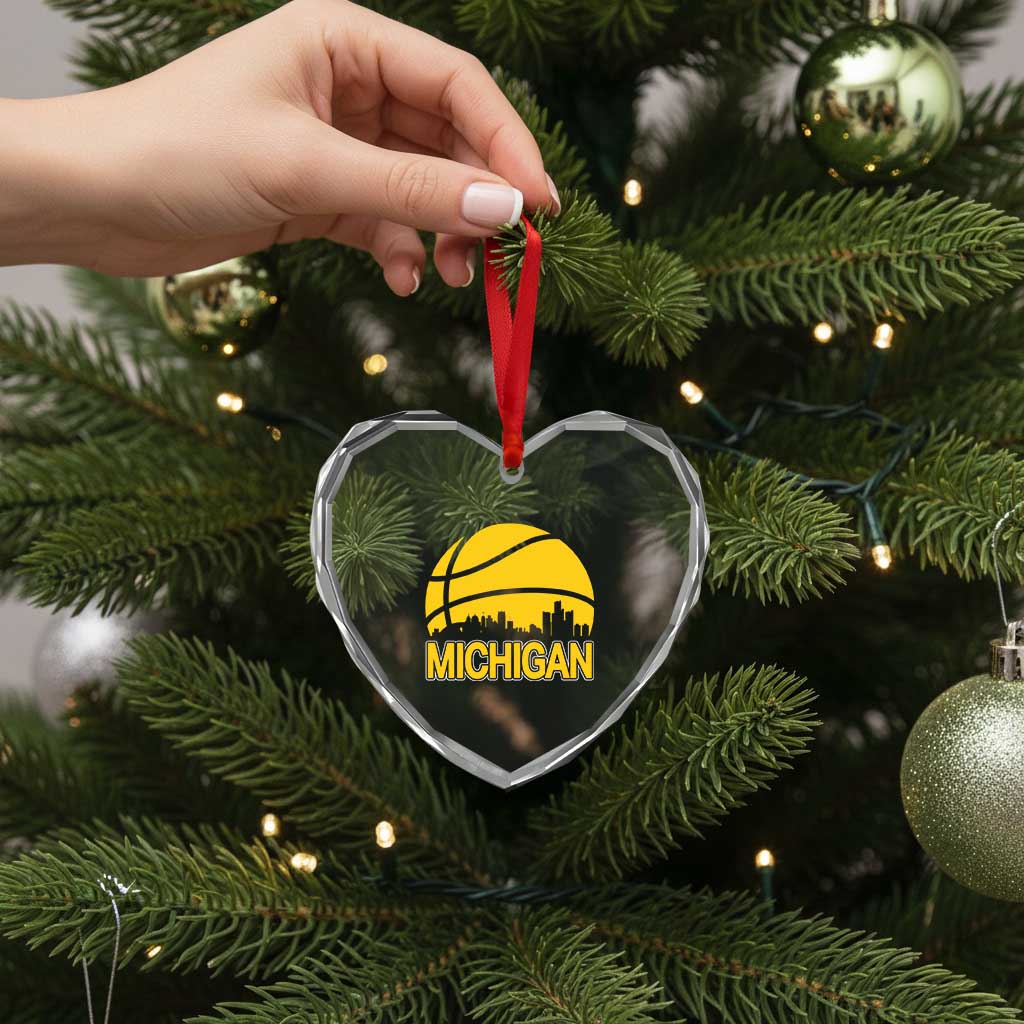 Vintage Michigan Skyline Heart Crystal Glass Ornament Basketball Lover Gift