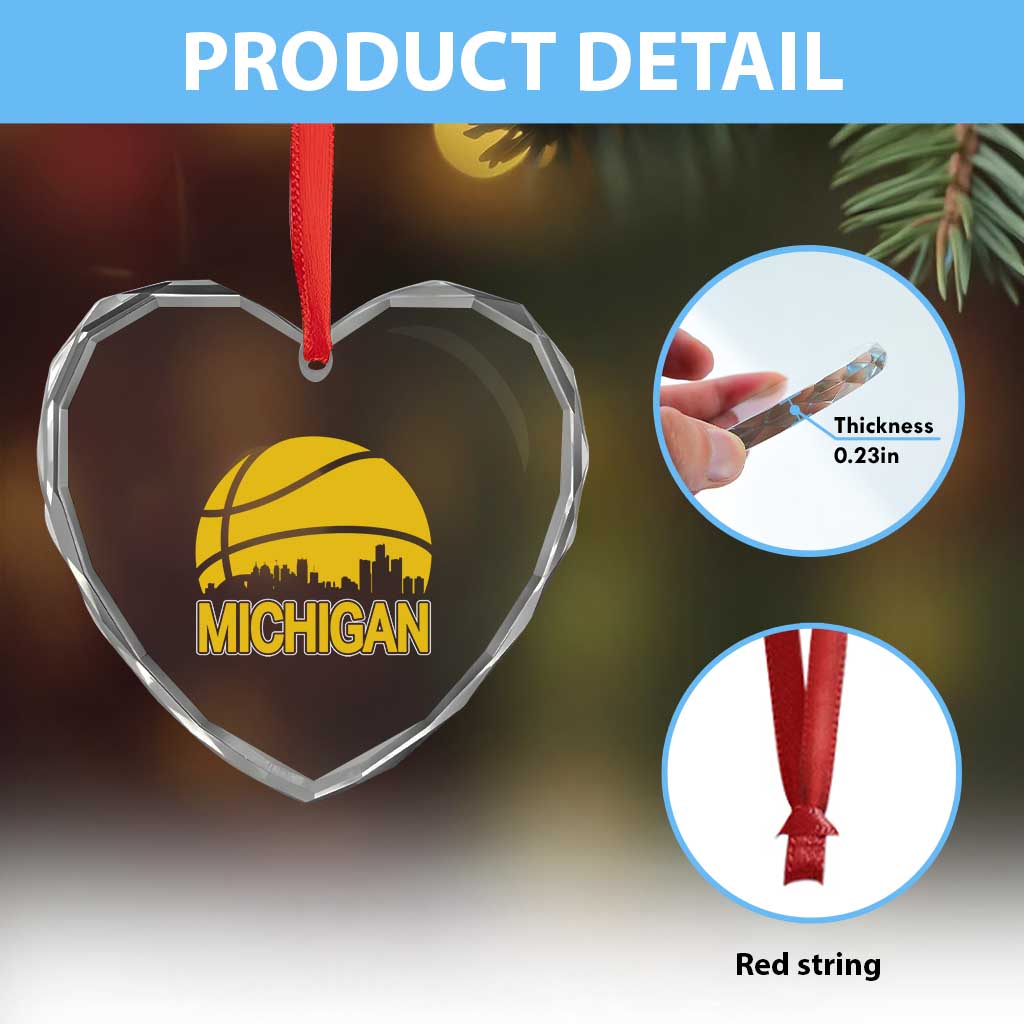 Vintage Michigan Skyline Heart Crystal Glass Ornament Basketball Lover Gift