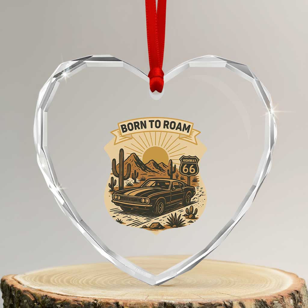 Vintage Muscle Car Route Highway 66 Heart Crystal Glass Ornament Born To Roam Road Trip