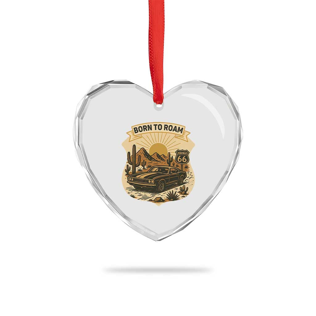 Vintage Muscle Car Route Highway 66 Heart Crystal Glass Ornament Born To Roam Road Trip