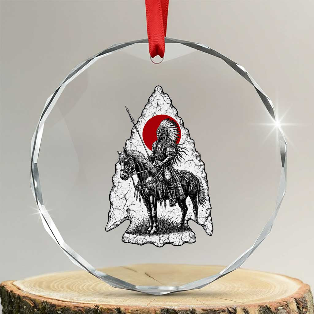 Vintage Native American Warrior Crystal Glass Ornament Horse Rider Feather Headdress Graphic