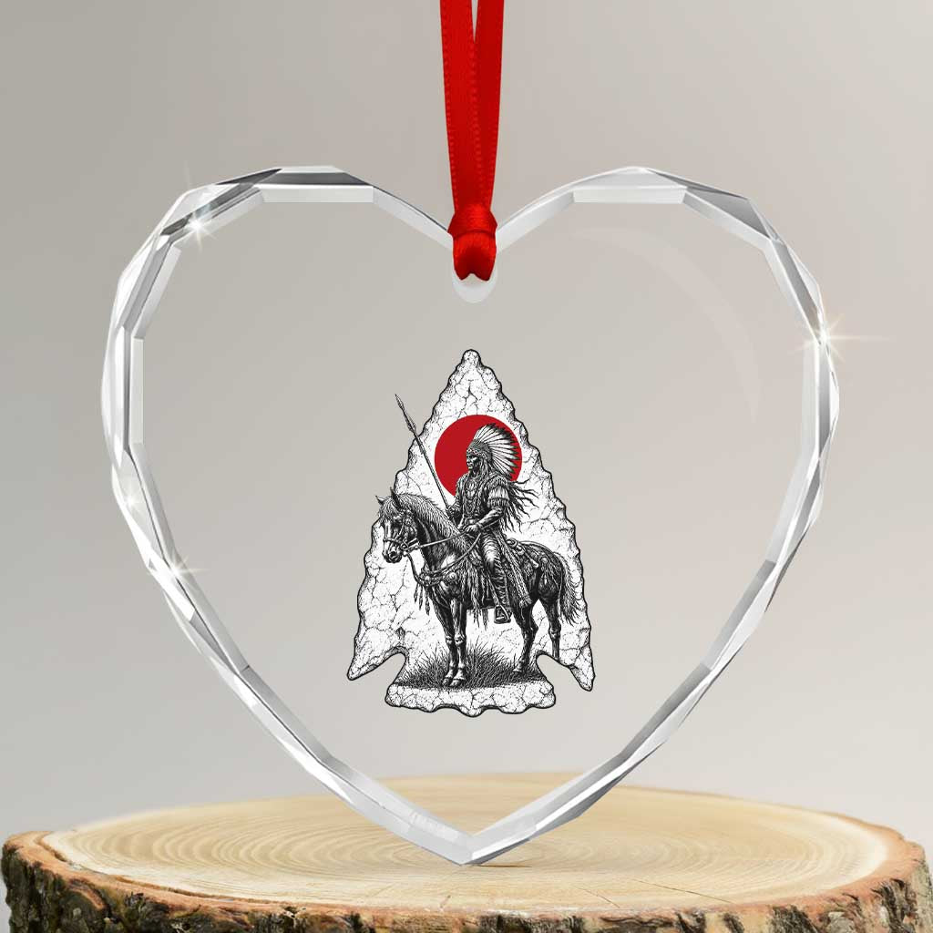 Vintage Native American Warrior Heart Crystal Glass Ornament Horse Rider Feather Headdress Graphic