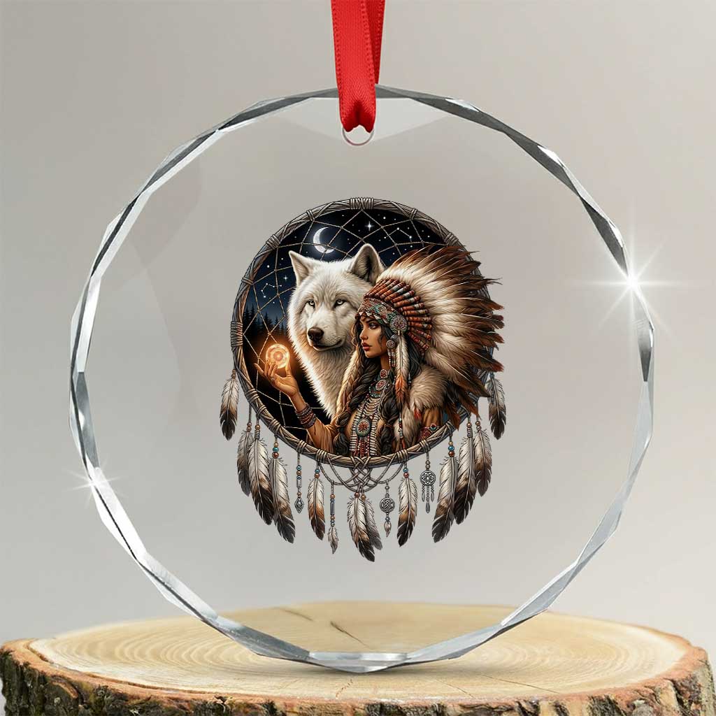 Vintage Native American Woman With White Wolf Graphic Crystal Glass Ornament