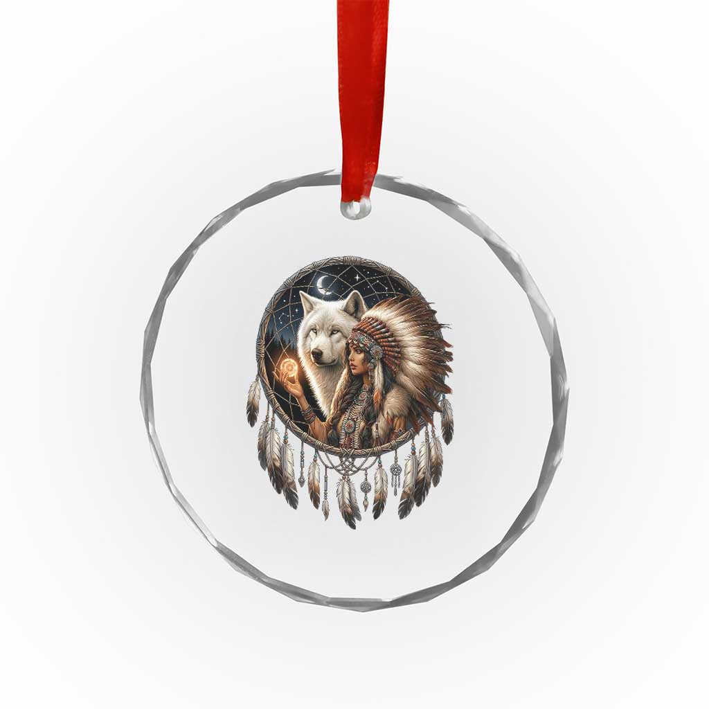 Vintage Native American Woman With White Wolf Graphic Crystal Glass Ornament