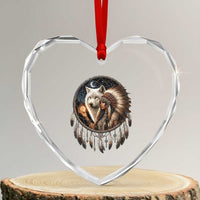 Vintage Native American Woman With White Wolf Graphic Heart Crystal Glass Ornament