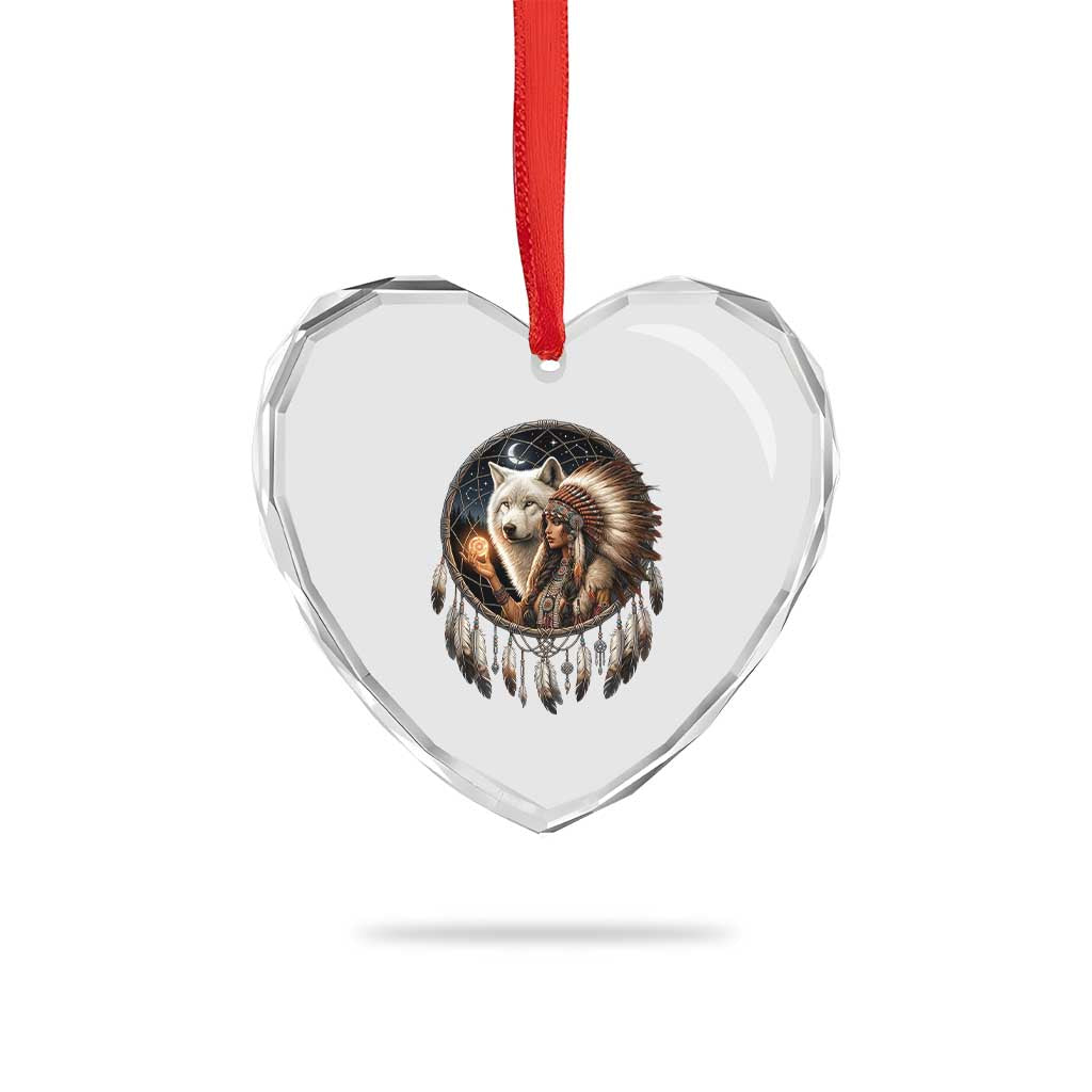 Vintage Native American Woman With White Wolf Graphic Heart Crystal Glass Ornament